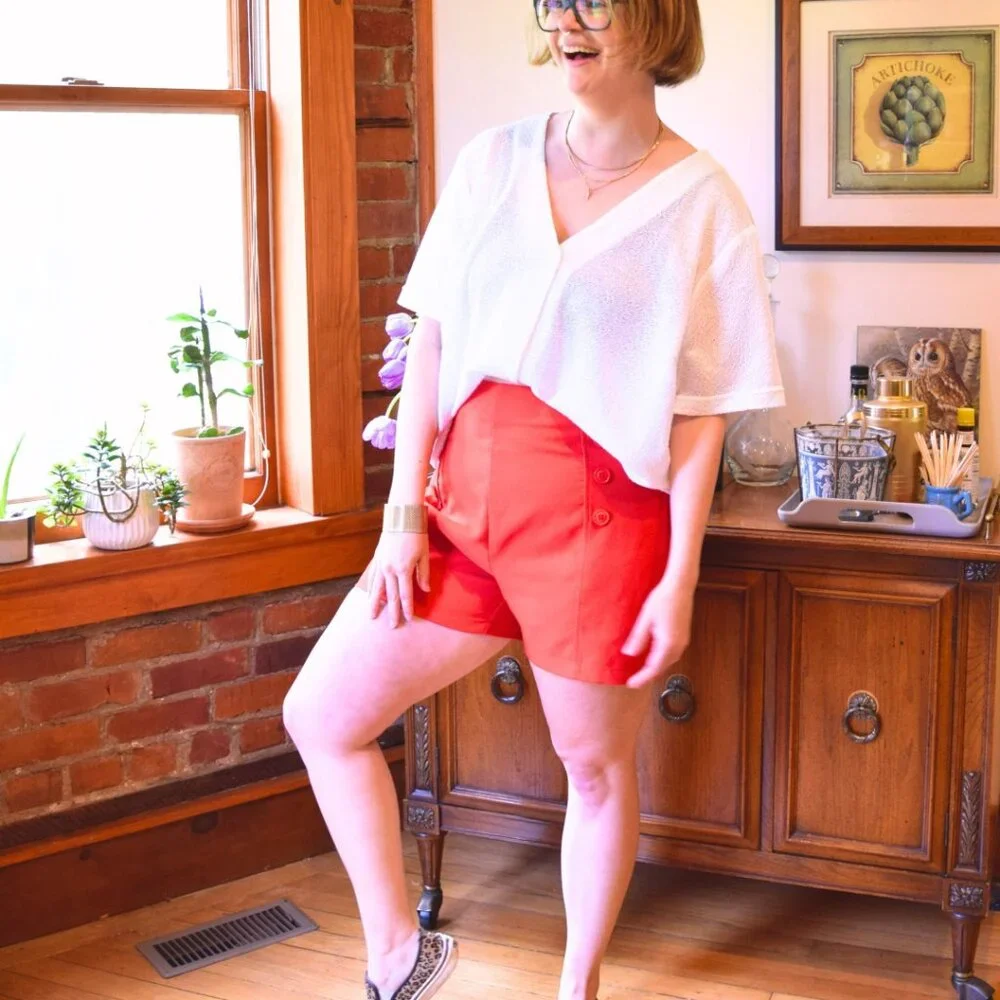 Red Retro Button Front Shorts - Picture 3 of 5
